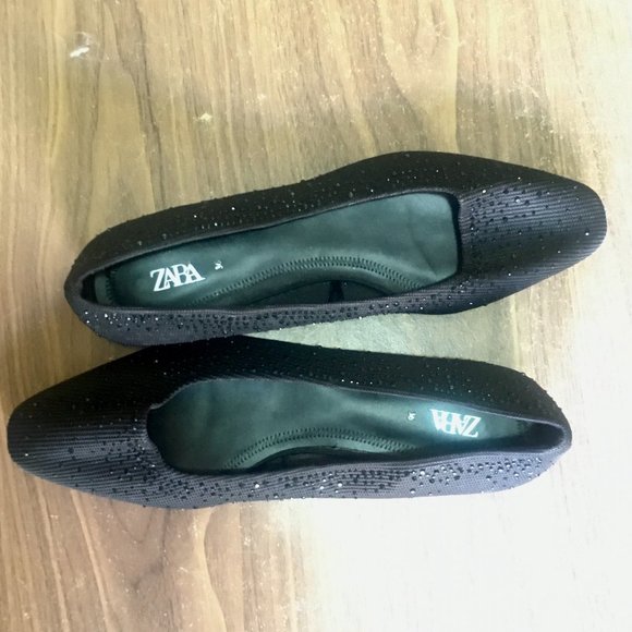 Zara Black Sparkly Beaded Ballet Flats Size 6 - Picture 2 of 8